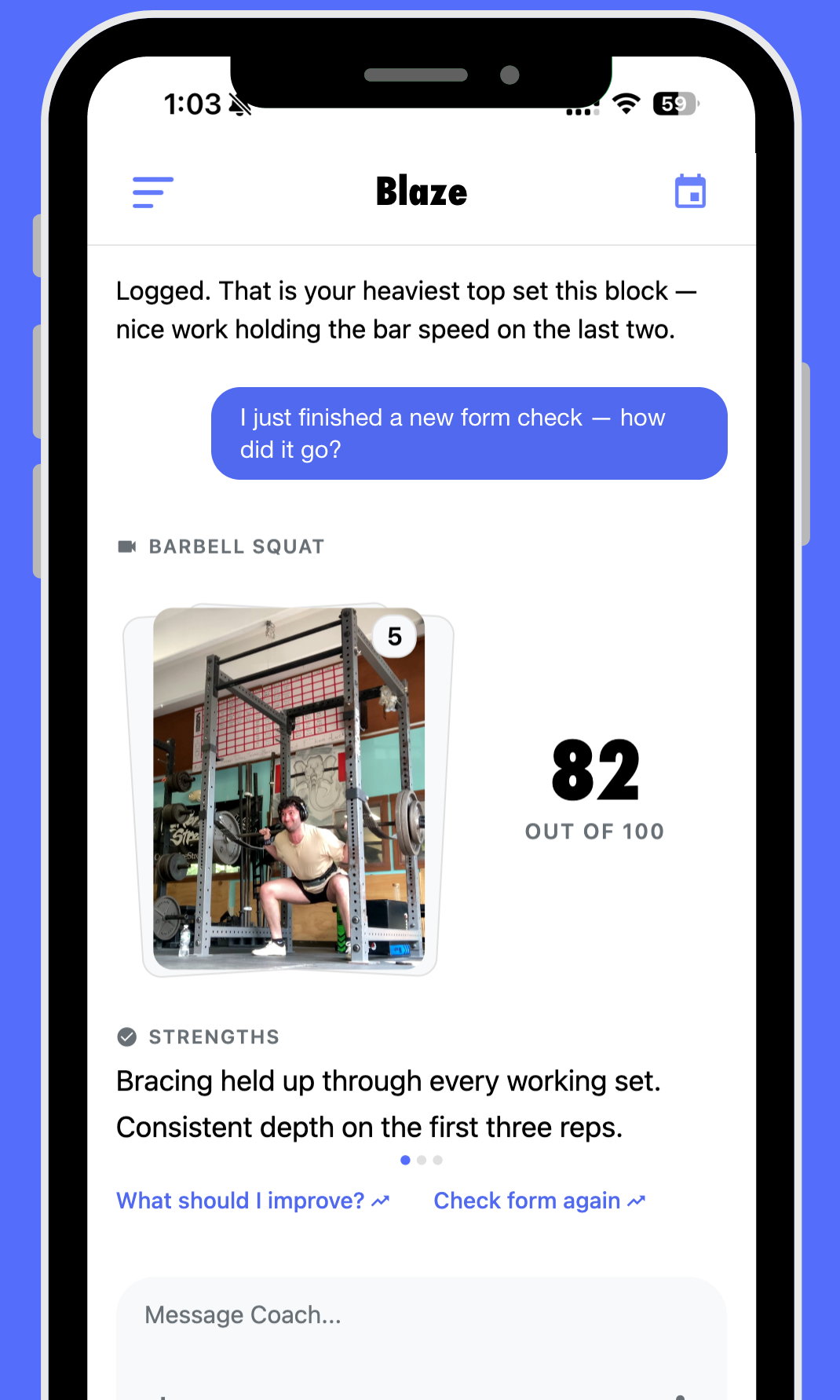 Flexion's coach conversation: a barbell squat form check scored 82 out of 100, with the set's strengths listed under the frame